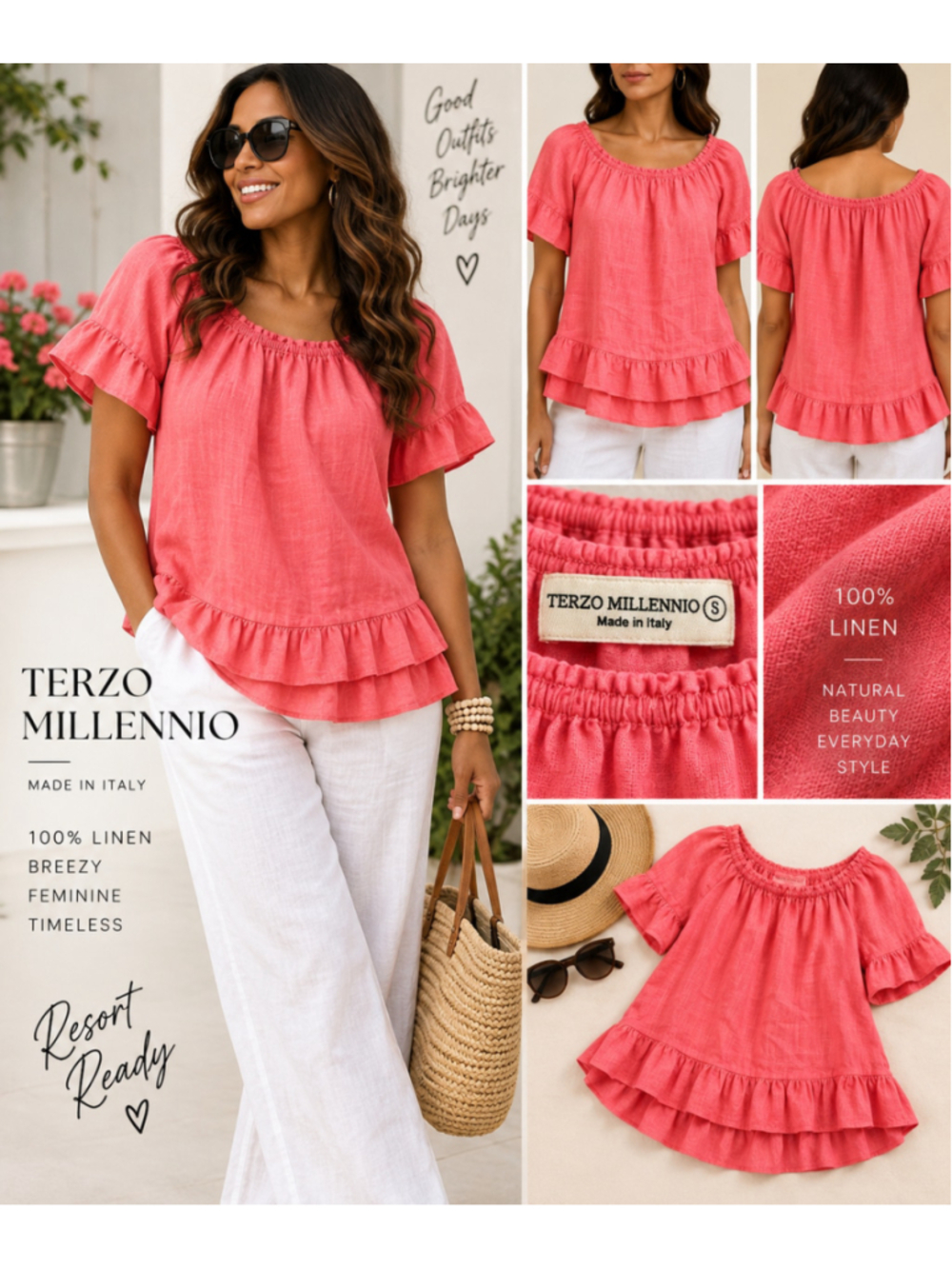 Terzo Millennio Italy Coral Pink 100% Linen Ruffle Peasant Blouse Size S
Descri